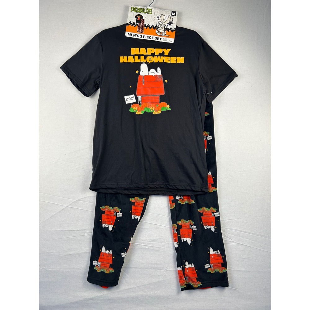 Peanuts Snoopy Happy Halloween Mens 2 Piece Pajama Set Black Orange Medium